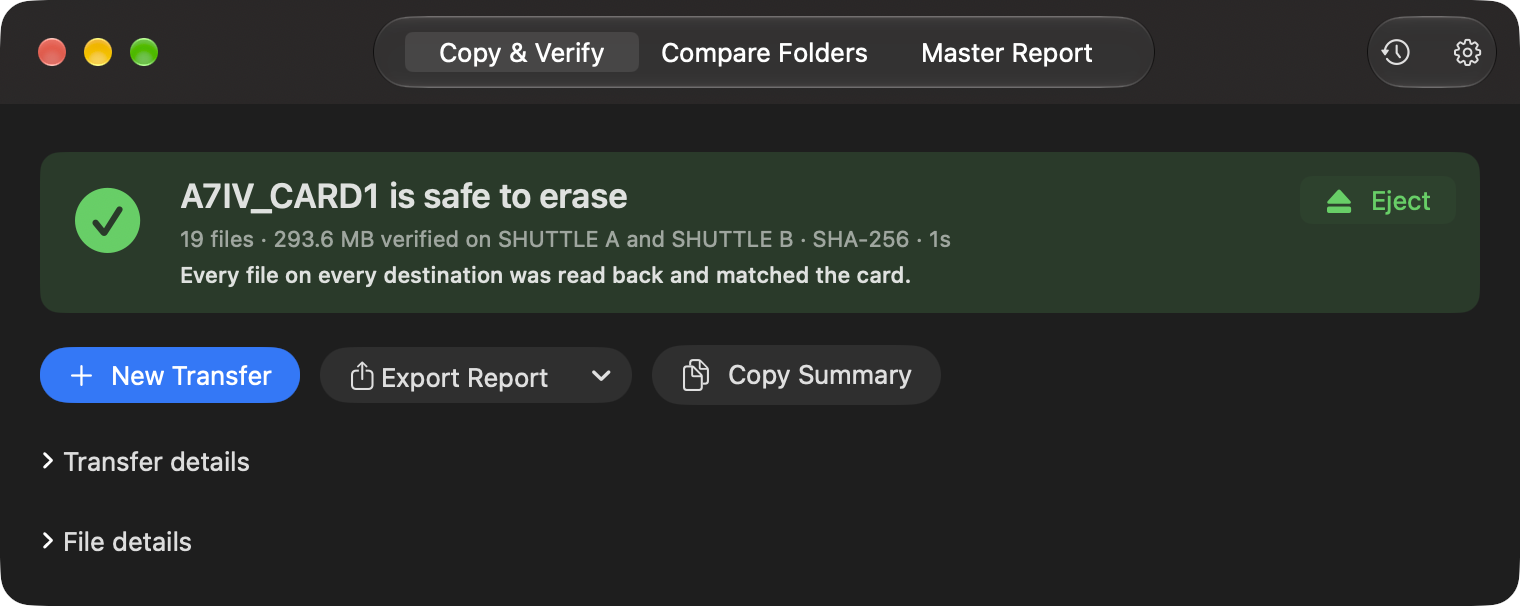 Finish screen: A7IV_CARD1 is safe to erase, 19 files verified on SHUTTLE A and SHUTTLE B with SHA-256, with an Eject button