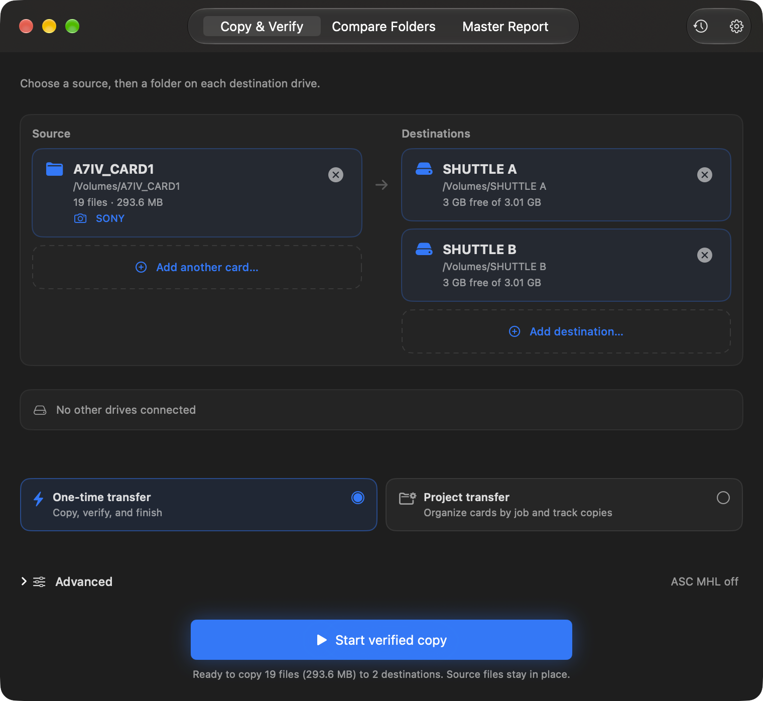 BitMatch on Mac with a Sony card as the source, two destination drives, and Start verified copy ready